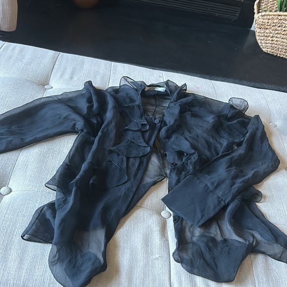 Givenchy Paris Black Sheer Ruffle Button Down Blouse Size Small - Picture 5 of 10